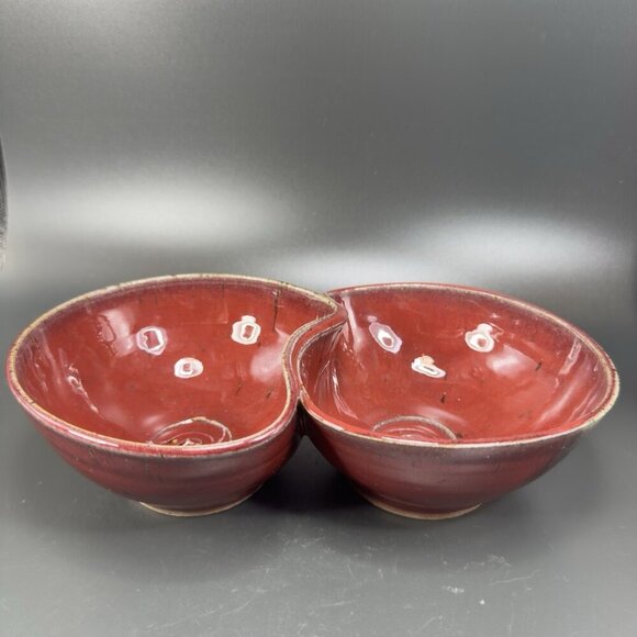Vintage Hand Made Studio Art Pottery Divided Dish Double Salsa Bowl Chip N Dip - Picture 13 of 16